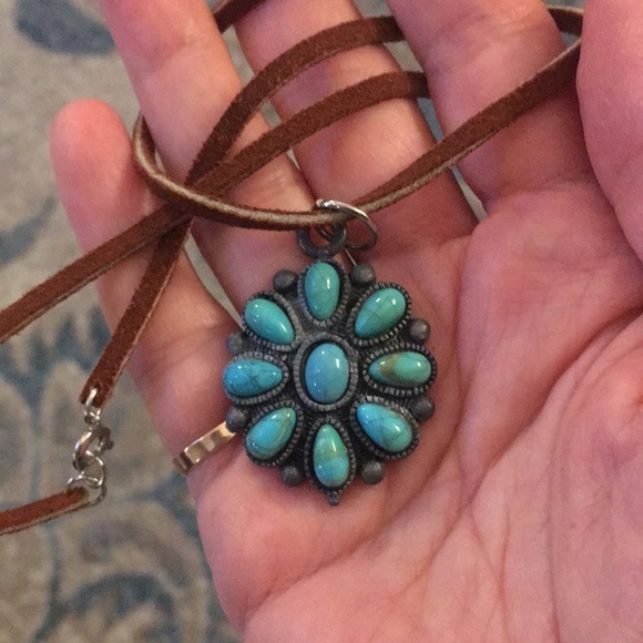 Vintage Jewelry - Pewter imitation turquoise & tan suede pendant